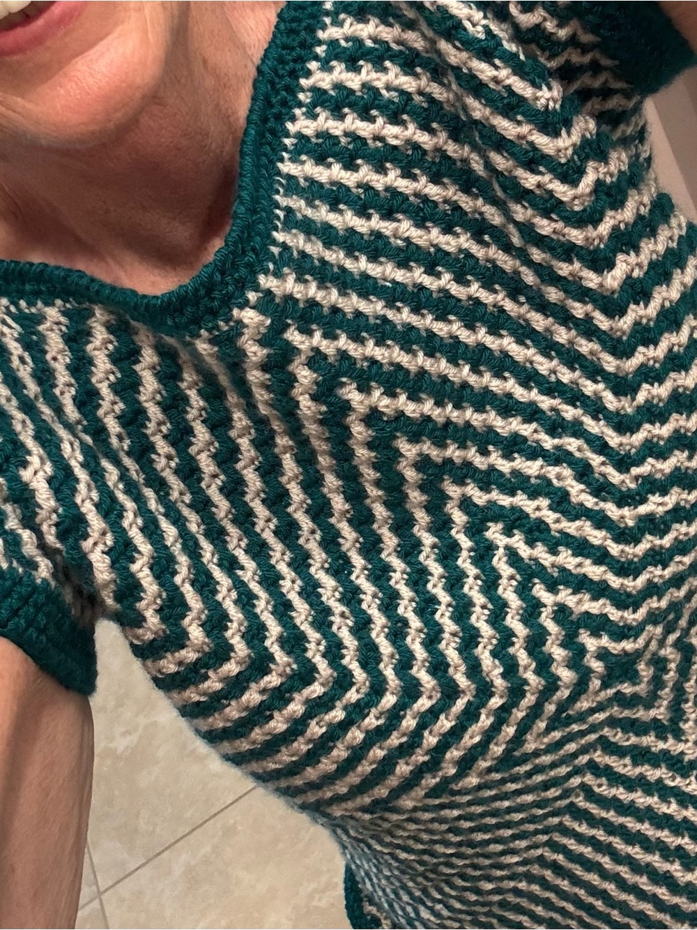 Handmade Striped Short-Sleeve Crocheted Sweater in Teal and Cream